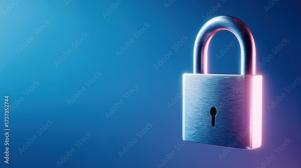 Fototapeta premium A metallic padlock with a keyhole, illuminated by blue and pink light. The background is a smooth gradient of blue tones, creating a modern and secure atmosphere.