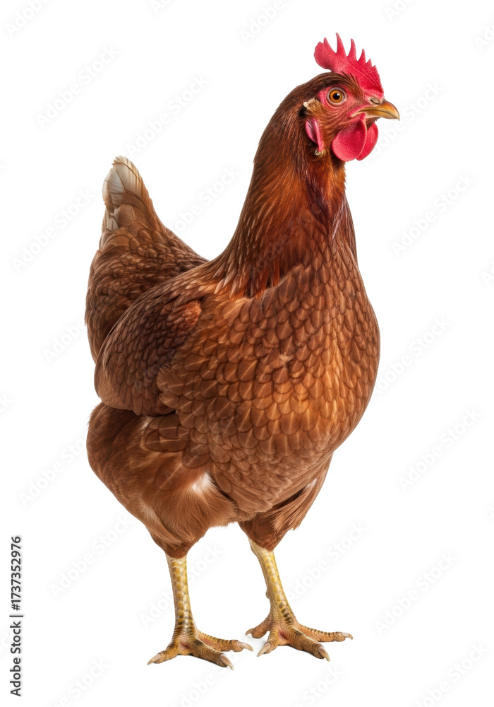Fototapeta premium Adult domestic hen with reddish-brown feathers, red comb, curious expression, standing upright on transparent seamless studio background with high-key lighting, commercial product photography concept