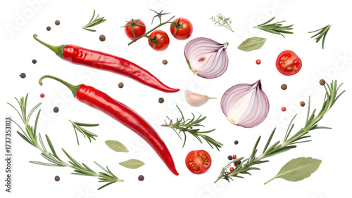 Red chili peppers red onions cherry tomatoes garlic rosemary bay leaves and peppercorns hot pepper