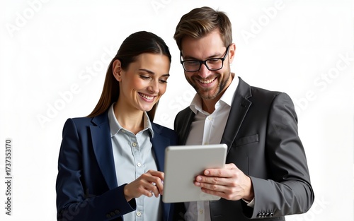 A man and woman smiling while looking at an iPad, transparent background, professional attire, professional photograph, high resolution. High quality