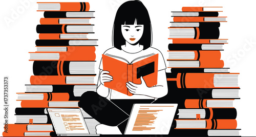 Illustration of young woman reading book surrounded by stacks of books and laptop isolated on white background