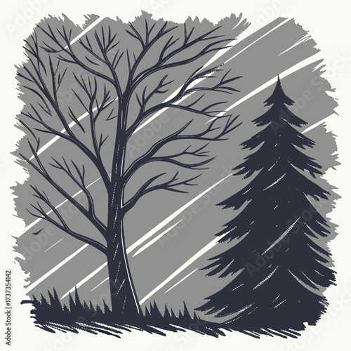 Vector art of a bare deciduous tree stands next to a dark evergreen tree against a backdrop of diagonal lines, evoking a stark, wintry atmosphere