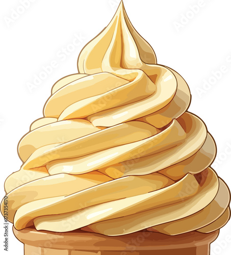 Illustration of vanilla soft serve ice cream swirl in a cone, isolated on white background