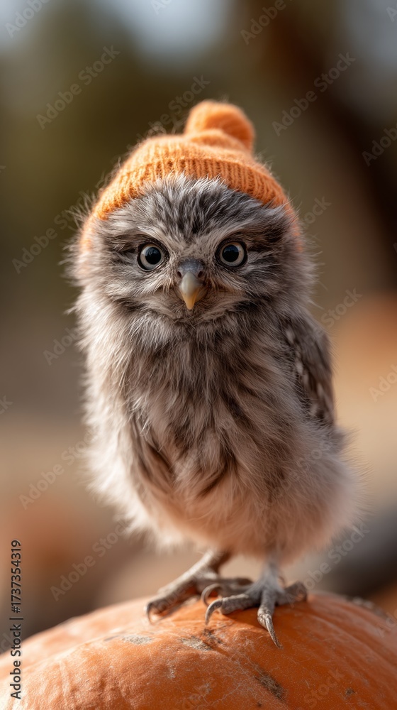 Naklejka premium Baby owl wearing a witch hat perched on a pumpkin in a vibrant autumn setting