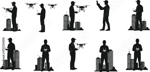 Drone operator silhouettes, urban drone flying, city technology, remote control drones,