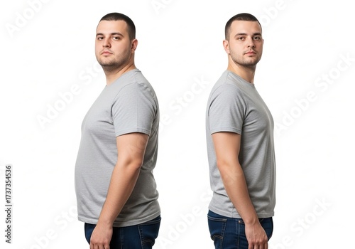 Man's impressive weight loss journey, showcasing a significant body transformation from overweight to a healthier, fitter physique, highlighting the results of dedication and a healthier lifestyle