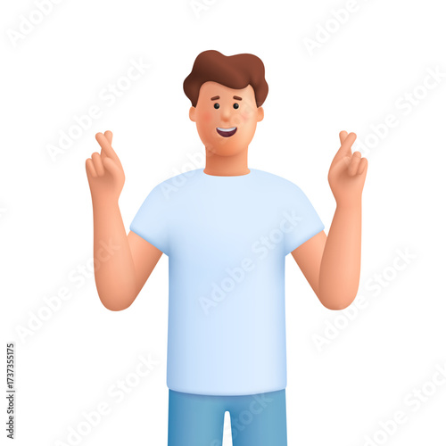 Young smiling man James cross fingers make wish. Hope, luck, positive thinking and wishing for success concept. 3d vector people character. Cartoon minimal style.