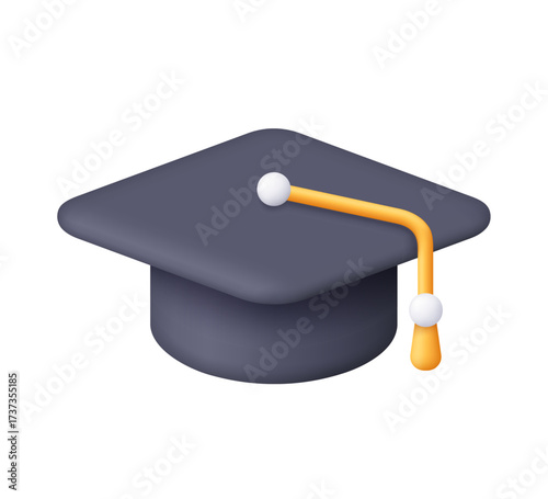 Black graduation cap with a yellow tassel. Education, degree ceremony, achievement, success, knowledge and academic celebration concept. 3d vector icon. Cartoon minimal style.