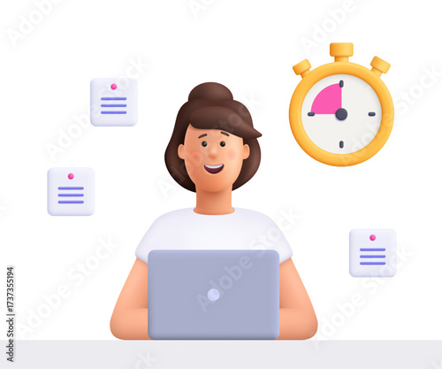 Young smiling woman Jane working on laptop with stopwatch and task notes. Productivity, scheduling, reminders, time management and deadline concept. 3d vector people character. Cartoon minimal style.