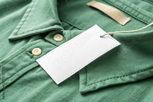 Blank White Price Tag Mockup on Green Cotton Shirt Collar with Buttons and Leather Detail