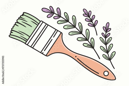 Vector art of a pastelcolored paintbrush with green bristles and a peach handle, next to sprigs of lavender, isolated on a