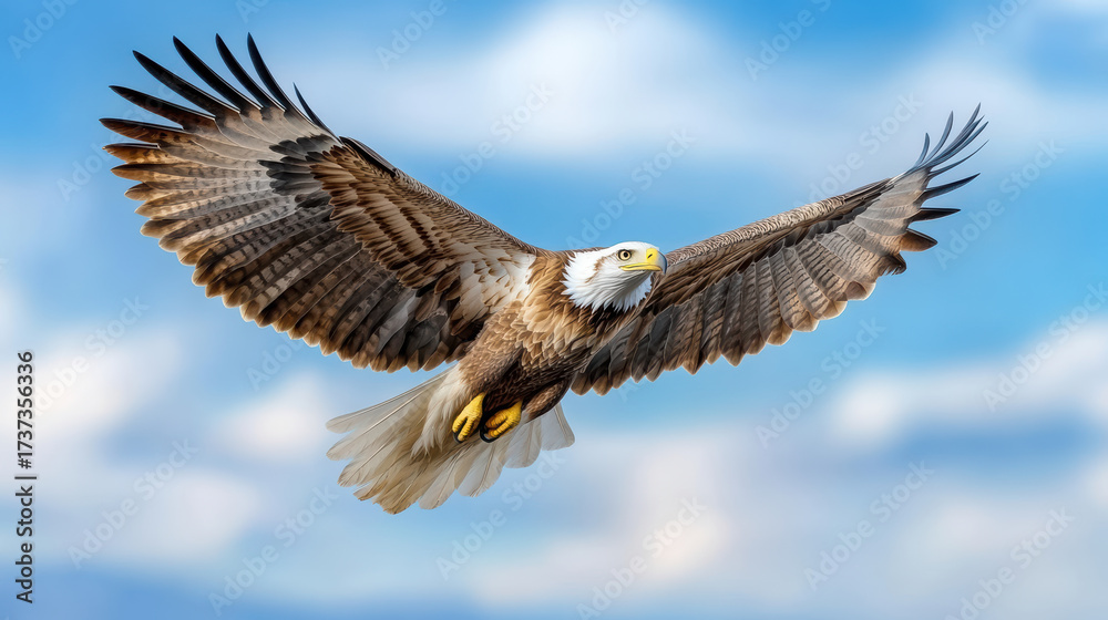 Fototapeta premium Majestic eagle soaring blue sky with powerful wings spread wide, showcasing its grace