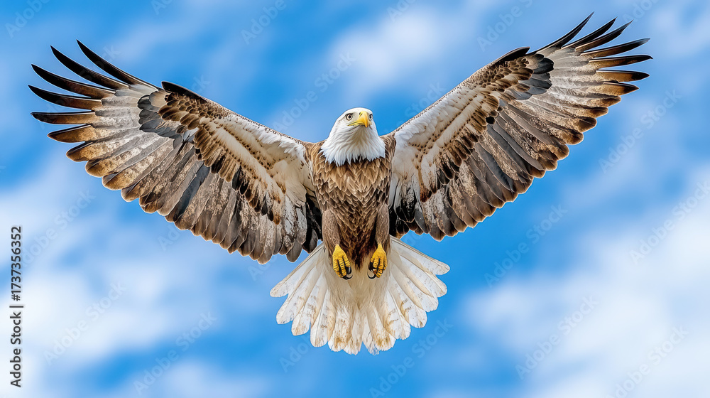 Fototapeta premium Majestic eagle soaring blue sky with powerful wings spread wide, showcasing its beauty