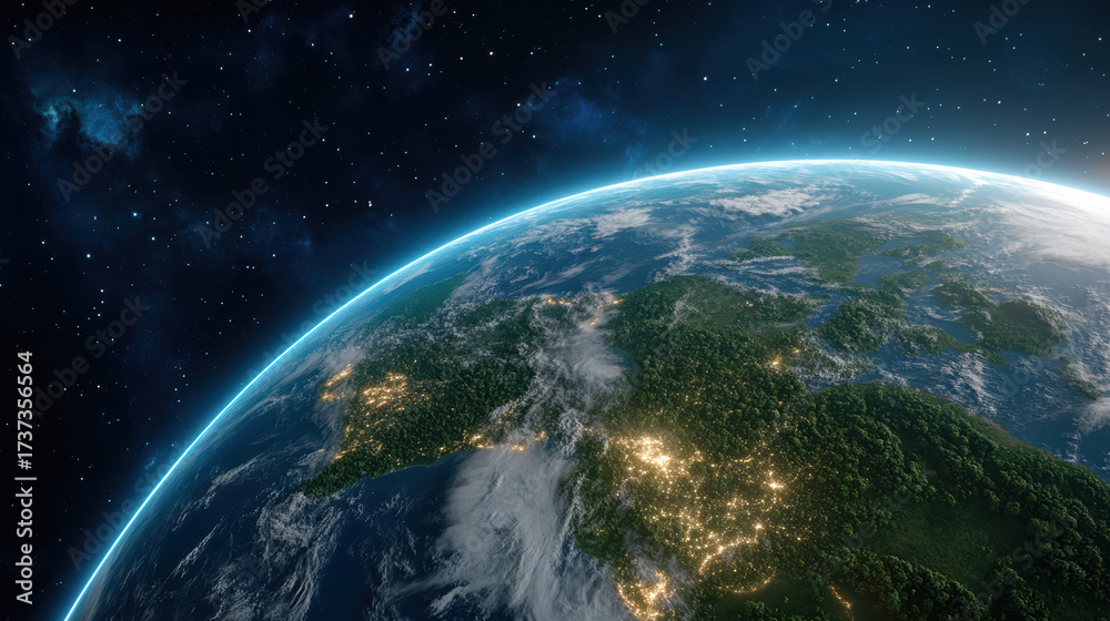 Obraz premium Earth seen from space with glowing continents and vibrant colors, showcasing beauty and wonder