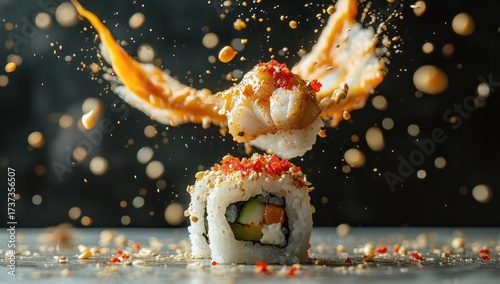 Sushi roll explosion with sauce over two cut pieces