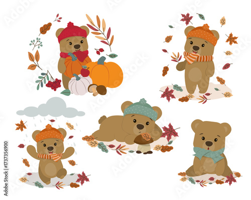 Adorable teddy bears in cozy autumn scenes, featuring playful activities like gathering leaves and exploring pumpkins. Perfect for fall-themed designs, crafts, and educational materials.