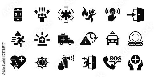 emergency icons set. emergency, panic attack, escape, urgent SOS and more. simple solid vector