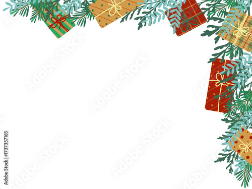 Christmas gifts nestled among pine branches in a festive vector illustration. Colorful presents with bows and ribbons create a holiday-themed decorative border, perfect for seasonal designs.