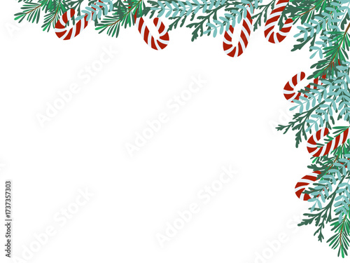 Vector illustration of a festive border featuring green evergreen branches adorned with red and white striped candy canes on a white background, creating a Christmas-themed design.