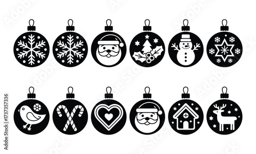 Two Rows of Black Silhouette Christmas Ornaments with Various Designs 