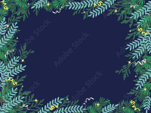 Vector illustration of a festive frame made from fir branches, adorned with stars and ribbons on a dark background. Perfect for holiday-themed designs, invitations, and greeting cards.