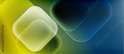 Abstract composition. Overlapping translucent squares, rectangles, gradients. Yellow, green, blue hues create modern visual effect. Smooth transitions.