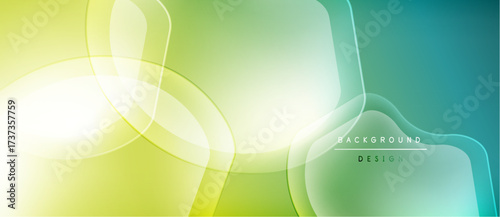 Abstract background features flowing shapes, vibrant green, yellow hues. Soft gradients create modern, dynamic visual effect.