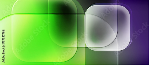 Abstract composition featuring overlapping translucent squares, curves. Gradient transitions from green to purple create depth, visual interest.