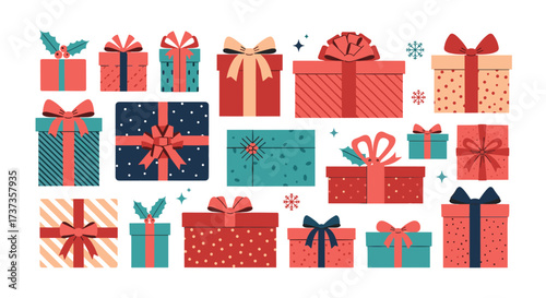 A festive collection of colorful holiday gift boxes decorated with ribbons and bows.