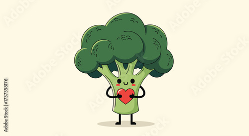 A cute cartoon broccoli character holds a red heart with love.