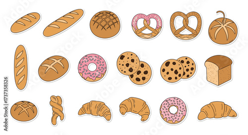 A diverse collection of baked goods including bread pastries and cookies presented in a graphic illustration.