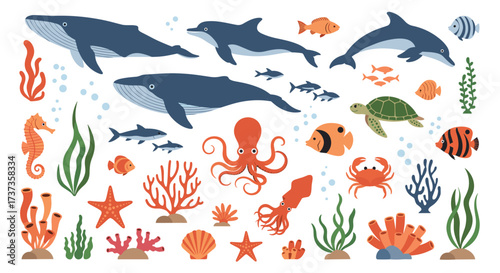 A vibrant collection of pixel art marine life including whales dolphins turtles fish and octopuses along with coral reefs and seaweed.