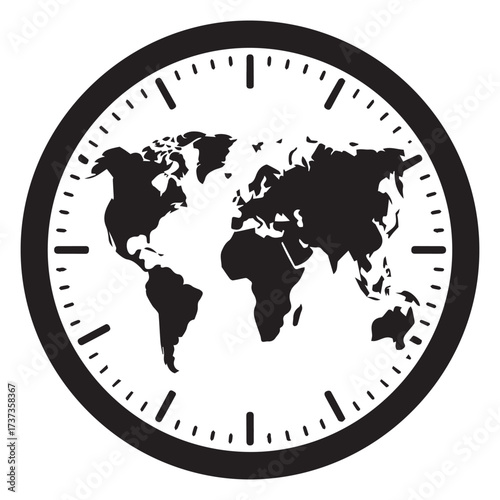 Black and White World Map Inside a Clock Face globe