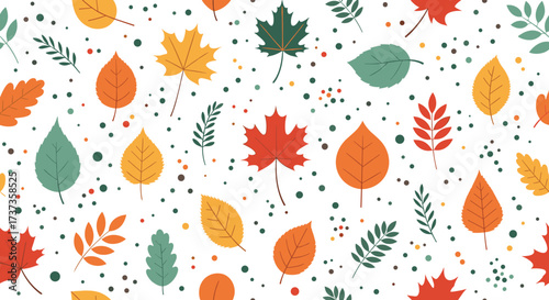 A whimsical pattern of scattered autumn leaves with colorful speckles.