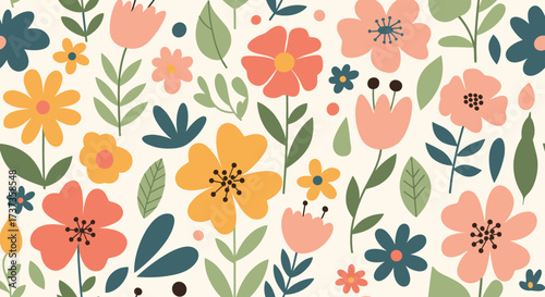 A charming pattern of hand drawn wildflowers in gentle pastel colors adorning a light background.