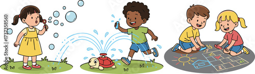 Children playing with bubbles, water sprinkler, and chalk on a sunny day in the park, enjoying outdoor activities and creating happy memories together.
