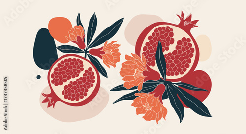 A vibrant abstract illustration featuring ripe pomegranates and tropical flowers.