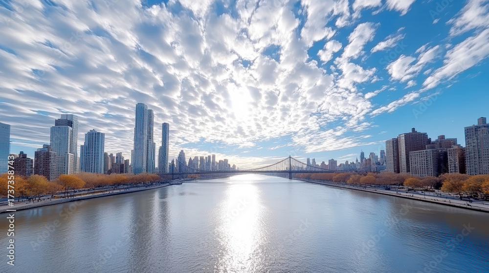 Fototapeta premium Bright skyline view with clouds reflecting river, showcasing urban architecture and nature