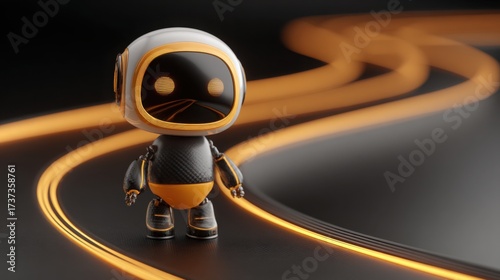 Small robot walking along a road representing ai credit risk roadmap milestones in a futuristic landscape