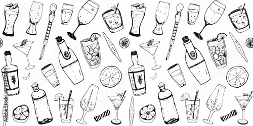 Hand drawn black and white pattern of various alcoholic drinks and bar accessories
