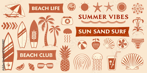 Retro summer beach vacation collection with surfboards palm trees sun and ocean elements