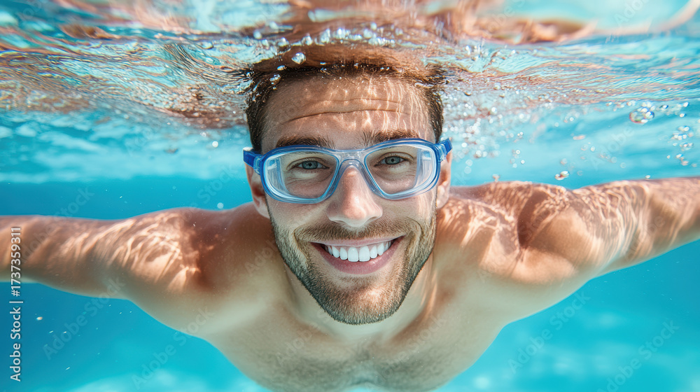 Naklejka premium Smiling man swimming underwater with clear blue water and bubbles, enjoying moment