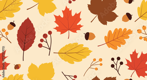 A vibrant pattern of autumnal leaves and acorns in warm shades of orange yellow and brown.