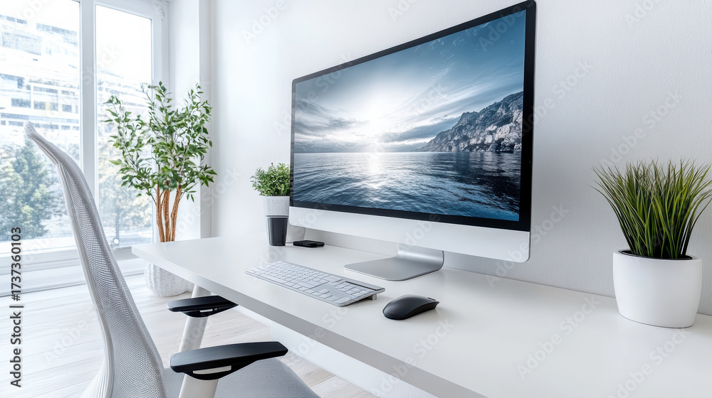 Fototapeta premium Minimalist workstation with large ultrawide monitor and plants
