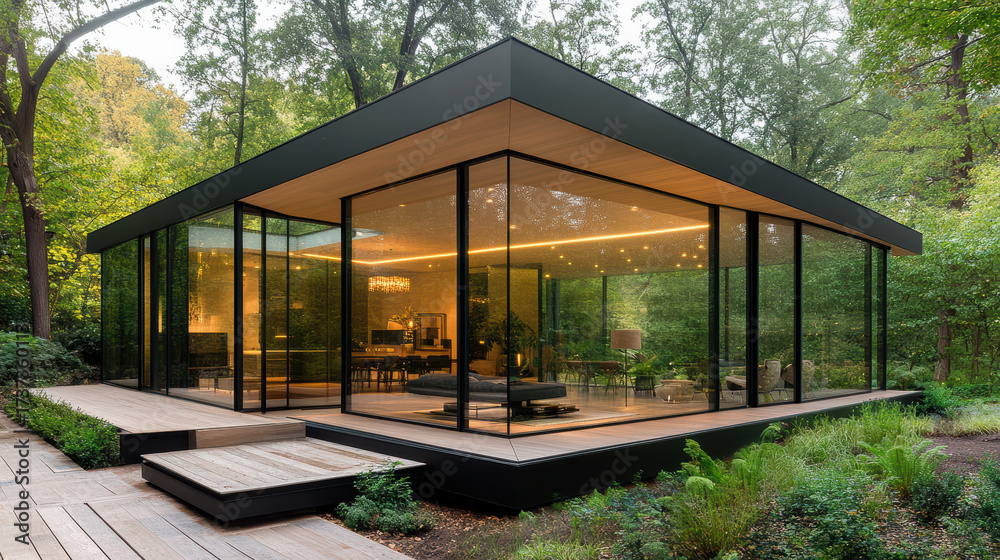 Fototapeta premium Minimalist glass pavilion surrounded by lush forest, showcasing modern architecture