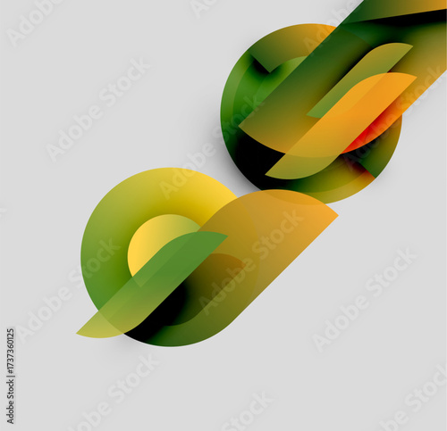 Abstract shapes overlap, creating dynamic composition. Yellows, greens, oranges blend softly against gray background. Modern design element.