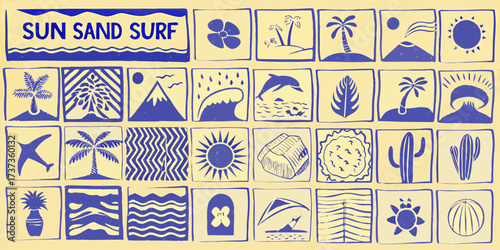 Collection of hand drawn icons representing sun sand and surf in a grid pattern