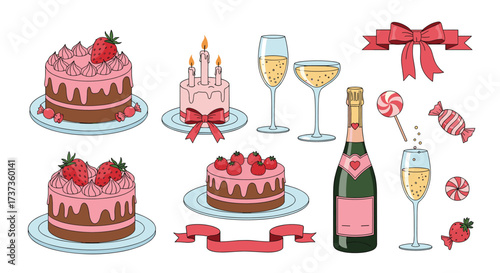 A festive collection of birthday cakes champagne and sweet treats for a celebration.