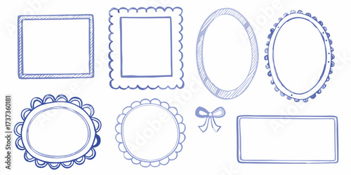 Collection of hand drawn blue watercolor frames and borders with a small bow accent