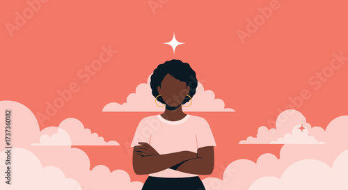 A confident woman stands with crossed arms beneath a star.